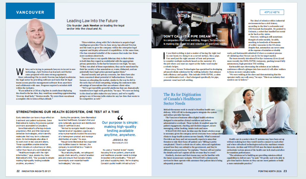 Pages 22–23 of EY Canada's Pointing North 2026, including the Gene Bio Medical feature Strengthening Our Health Ecosystem, One Test at a Time.