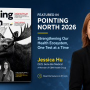 Jessica Hu beside the cover of EY Canada's Pointing North 2026, featuring Gene Bio Medical's story Strengthening Our Health Ecosystem, One Test at a Time.